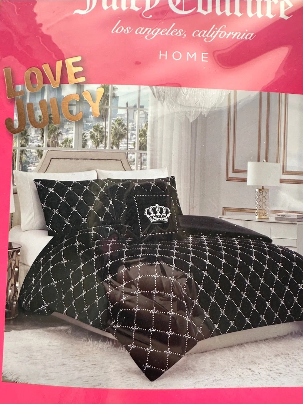 Juicy Couture Black and White Fuzzy Comforter Set